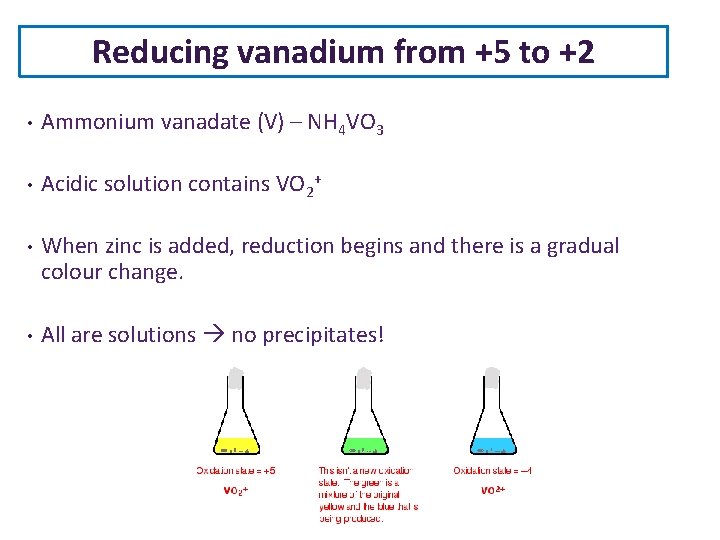 Reducing vanadium from +5 to +2 • Ammonium vanadate (V) – NH 4 VO Reducing vanadium from +5 to +2 • Ammonium vanadate (V) – NH 4 VO