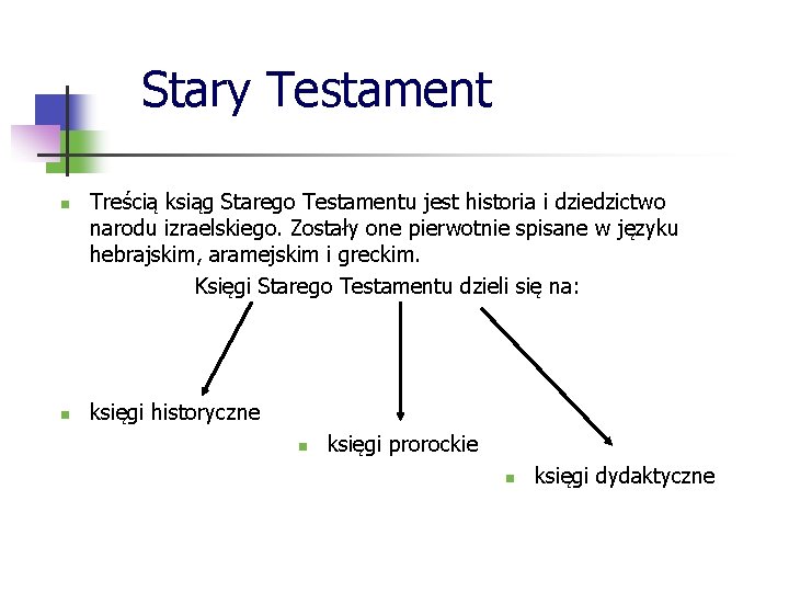 Stary Testament n n Treścią ksiąg Starego Testamentu jest historia i dziedzictwo narodu izraelskiego.