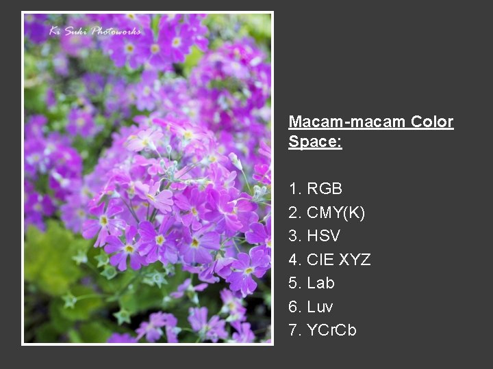 Macam-macam Color Space: 1. RGB 2. CMY(K) 3. HSV 4. CIE XYZ 5. Lab