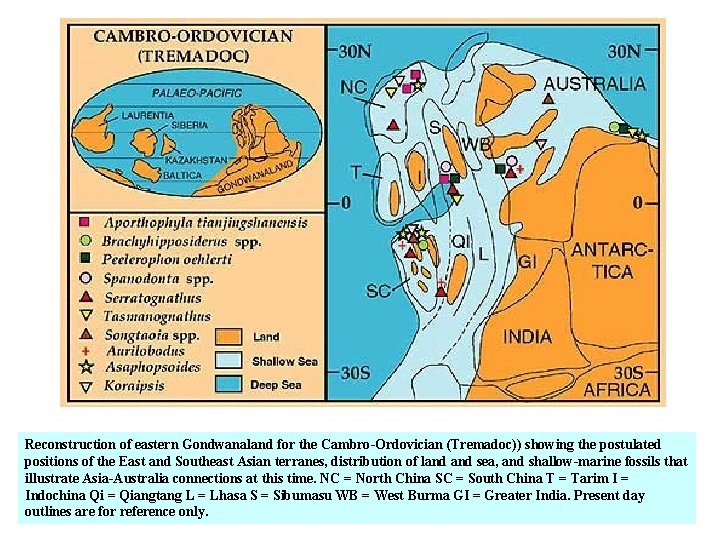 Reconstruction of eastern Gondwanaland for the Cambro-Ordovician (Tremadoc)) showing the postulated positions of the