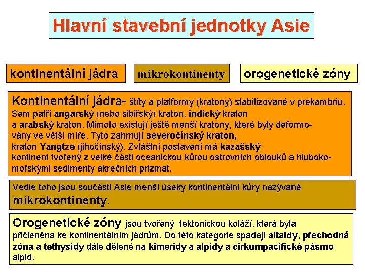 Hlavní stavební jednotky Asie kontinentální jádra mikrokontinenty orogenetické zóny Kontinentální jádra- štíty a platformy