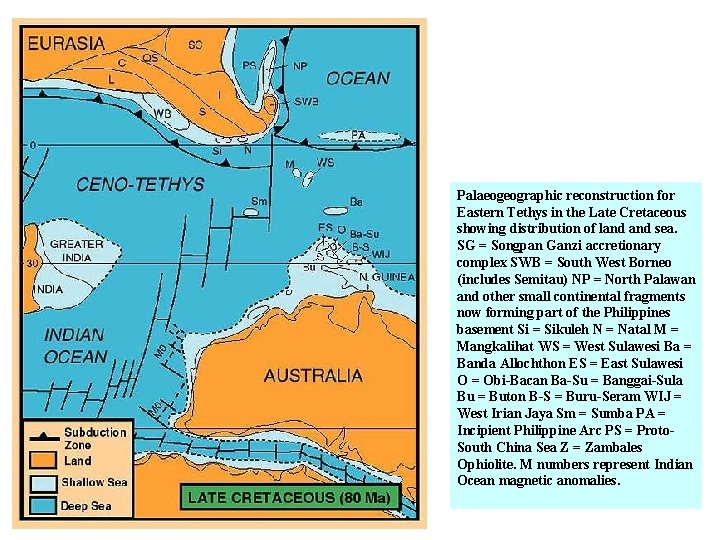 Palaeogeographic reconstruction for Eastern Tethys in the Late Cretaceous showing distribution of land sea.