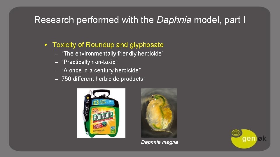 Research performed with the Daphnia model, part I • Toxicity of Roundup and glyphosate