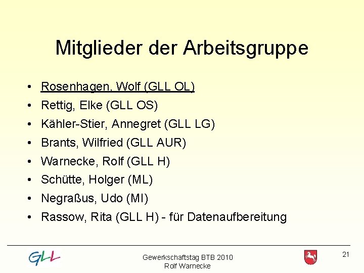 Mitglieder Arbeitsgruppe • Rosenhagen, Wolf (GLL OL) • Rettig, Elke (GLL OS) • Kähler-Stier,
