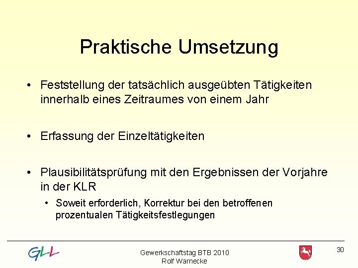 Praktische Umsetzung • Feststellung der tatsächlich ausgeübten Tätigkeiten innerhalb eines Zeitraumes von einem Jahr