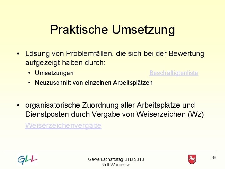 Praktische Umsetzung • Lösung von Problemfällen, die sich bei der Bewertung aufgezeigt haben durch: