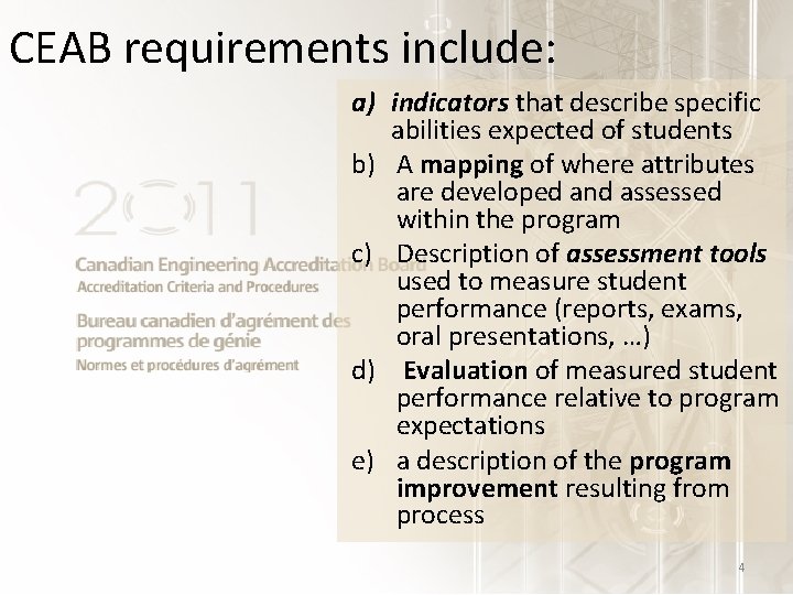 CEAB requirements include: a) indicators that describe specific abilities expected of students b) A