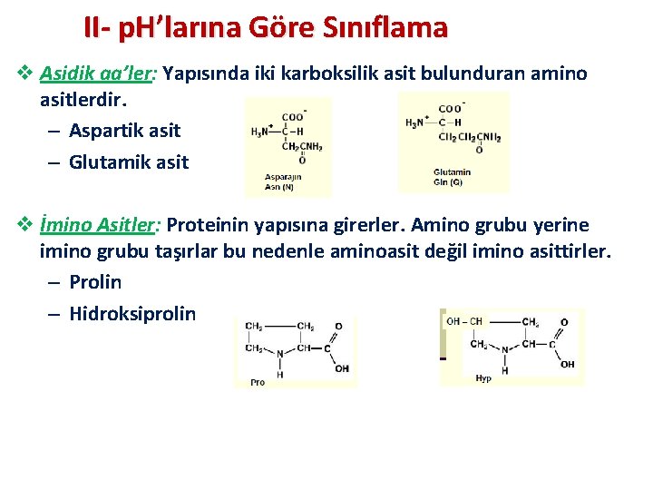 II- p. H’larına Göre Sınıflama v Asidik aa’ler: Yapısında iki karboksilik asit bulunduran amino