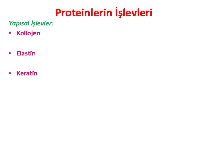 Yapısal İşlevler: • Kollojen • Elastin • Keratin Proteinlerin İşlevleri 