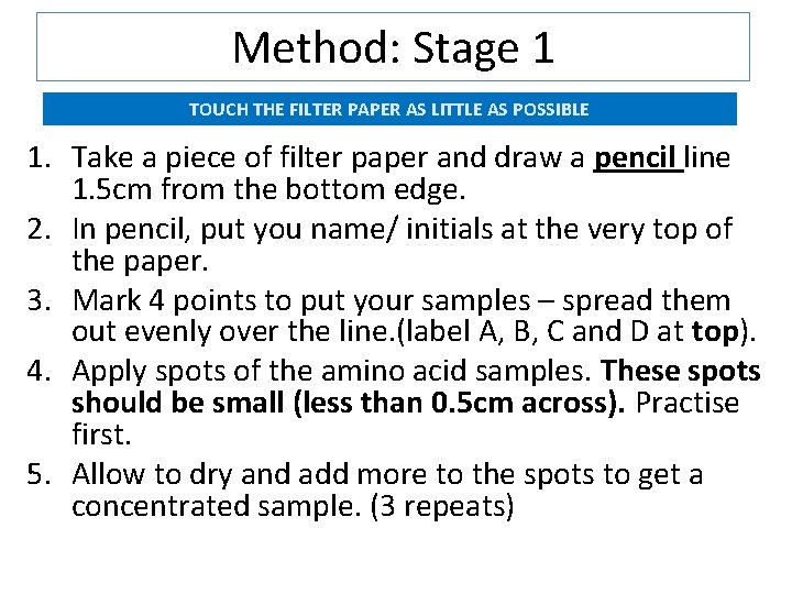 Method: Stage 1 TOUCH THE FILTER PAPER AS LITTLE AS POSSIBLE 1. Take a