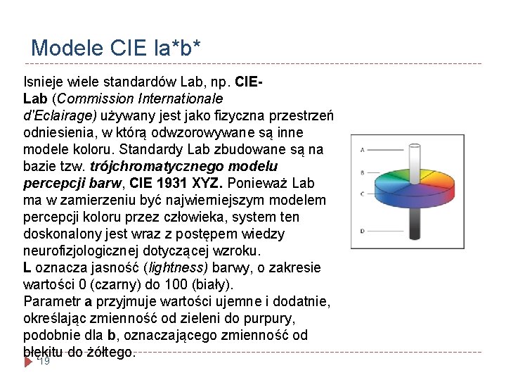 Modele CIE la*b* Isnieje wiele standardów Lab, np. CIELab (Commission Internationale d'Eclairage) używany jest