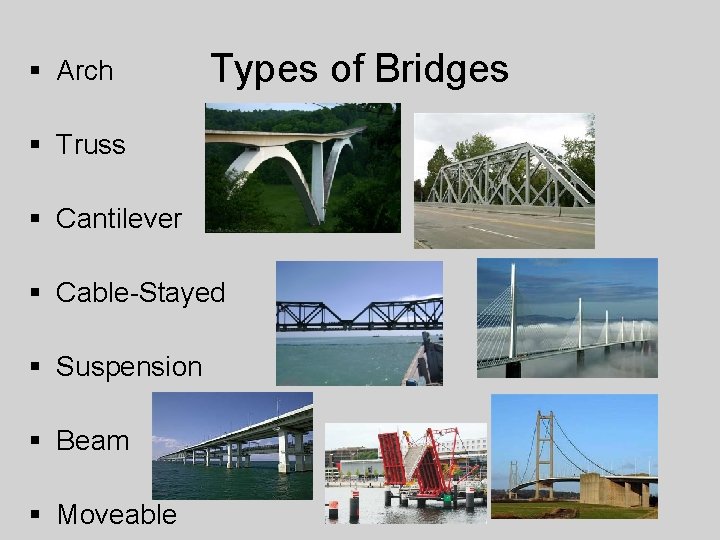 § Arch Types of Bridges § Truss § Cantilever § Cable-Stayed § Suspension §