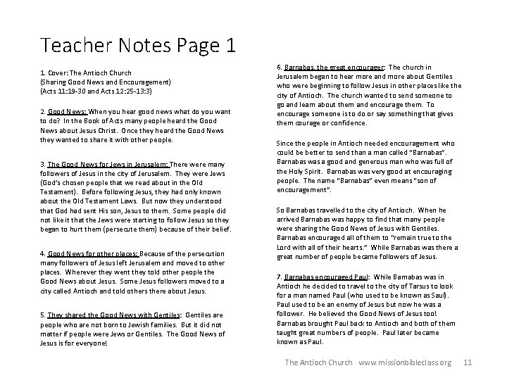 Teacher Notes Page 1 1. Cover: The Antioch Church (Sharing Good News and Encouragement)