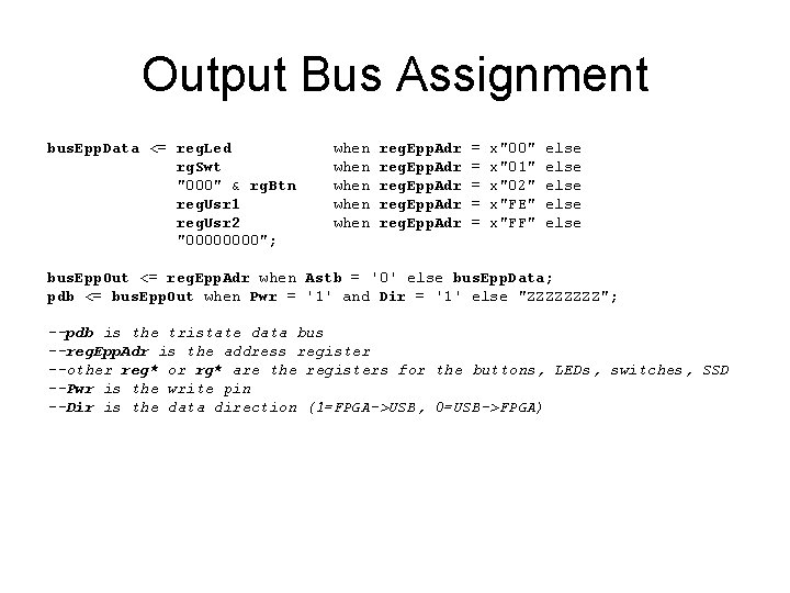 Output Bus Assignment bus. Epp. Data <= reg. Led rg. Swt "000" & rg.