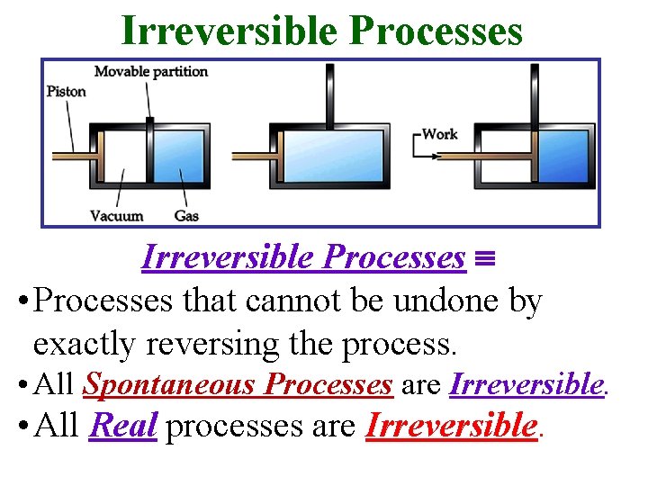 Irreversible Processes • Processes that cannot be undone by exactly reversing the process. • Irreversible Processes • Processes that cannot be undone by exactly reversing the process. •