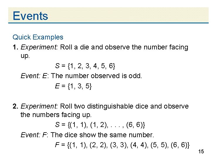 Events Quick Examples 1. Experiment: Roll a die and observe the number facing up.