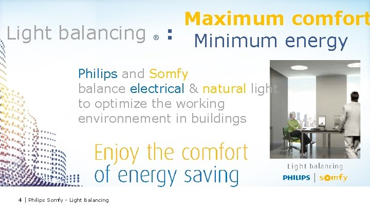 Maximum comfort Light balancing : Minimum energy ® Philips and Somfy balance electrical &