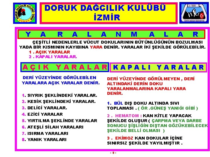 DORUK DAĞCILIK KULÜBÜ İZMİR Y A R A L A N M A L