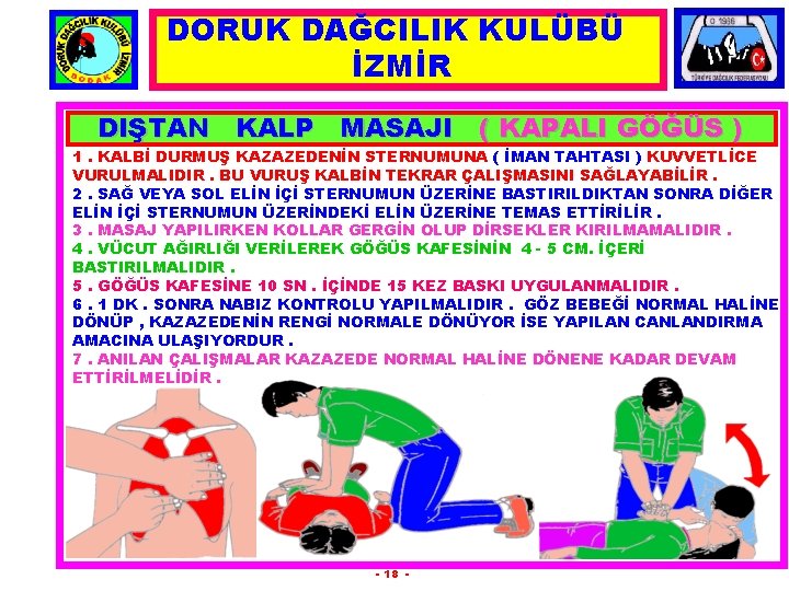 DORUK DAĞCILIK KULÜBÜ İZMİR DIŞTAN KALP MASAJI ( KAPALI GÖĞÜS ) 1. KALBİ DURMUŞ