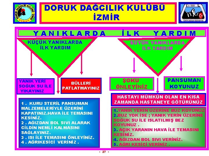 DORUK DAĞCILIK KULÜBÜ İZMİR YANIKLARDA KÜÇÜK YANIKLARDA İLK YARDIM YANIK YERİ SOĞUK SU İLE