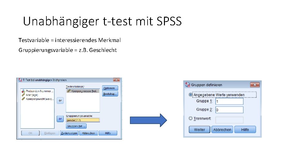 Unabhängiger t-test mit SPSS Testvariable = interessierendes Merkmal Gruppierungsvariable = z. B. Geschlecht 