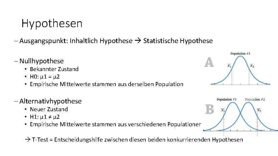 Hypothesen - Ausgangspunkt: Inhaltlich Hypothese Statistische Hypothese - Nullhypothese • Bekannter Zustand • H