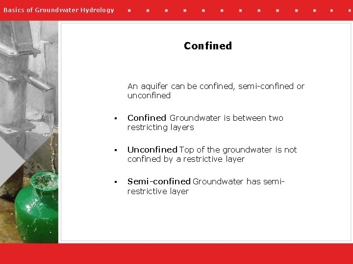 Basics of Groundwater Hydrology Confined An aquifer can be confined, semi-confined or unconfined §