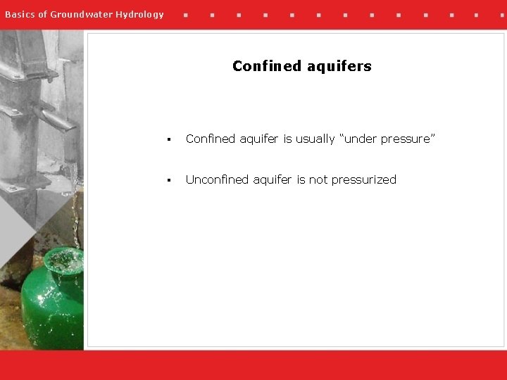 Basics of Groundwater Hydrology Confined aquifers § Confined aquifer is usually “under pressure” §