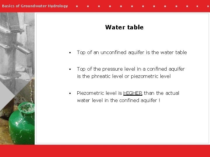 Basics of Groundwater Hydrology Water table § Top of an unconfined aquifer is the