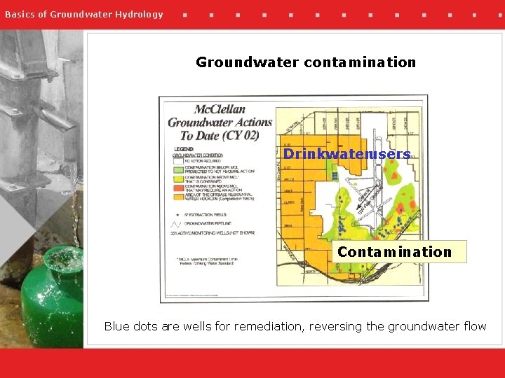 Basics of Groundwater Hydrology Groundwater contamination Drinkwaterusers Contamination Blue dots are wells for remediation,