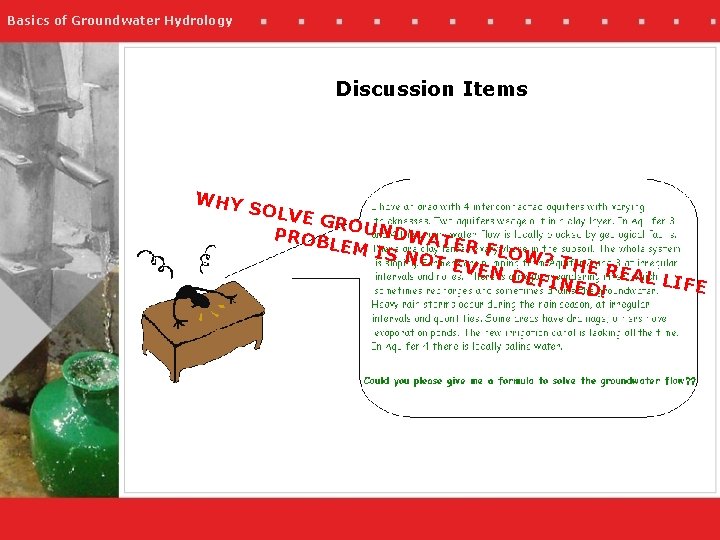 Basics of Groundwater Hydrology Discussion Items WHY SOLV E GRO UNDW PROB ATE LEM