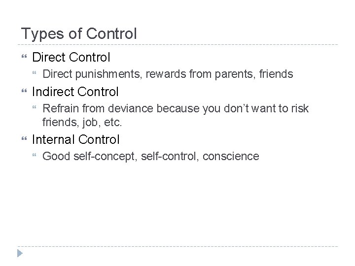 Types of Control Direct Control Indirect Control Direct punishments, rewards from parents, friends Refrain