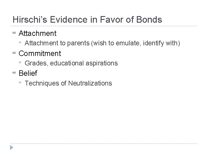 Hirschi’s Evidence in Favor of Bonds Attachment Commitment Attachment to parents (wish to emulate,