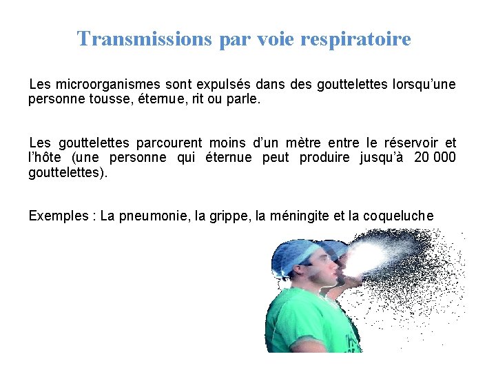 Transmissions par voie respiratoire Les microorganismes sont expulsés dans des gouttelettes lorsqu’une personne tousse,
