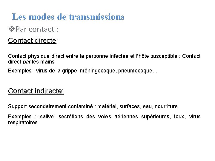 Les modes de transmissions v. Par contact : Contact directe: Contact physique direct entre