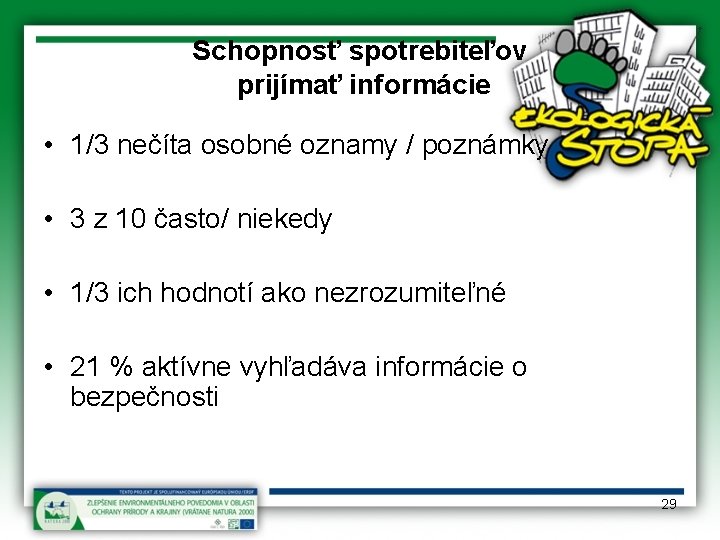 Schopnosť spotrebiteľov prijímať informácie • 1/3 nečíta osobné oznamy / poznámky • 3 z