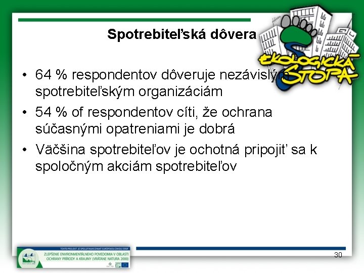 Spotrebiteľská dôvera • 64 % respondentov dôveruje nezávislým spotrebiteľským organizáciám • 54 % of