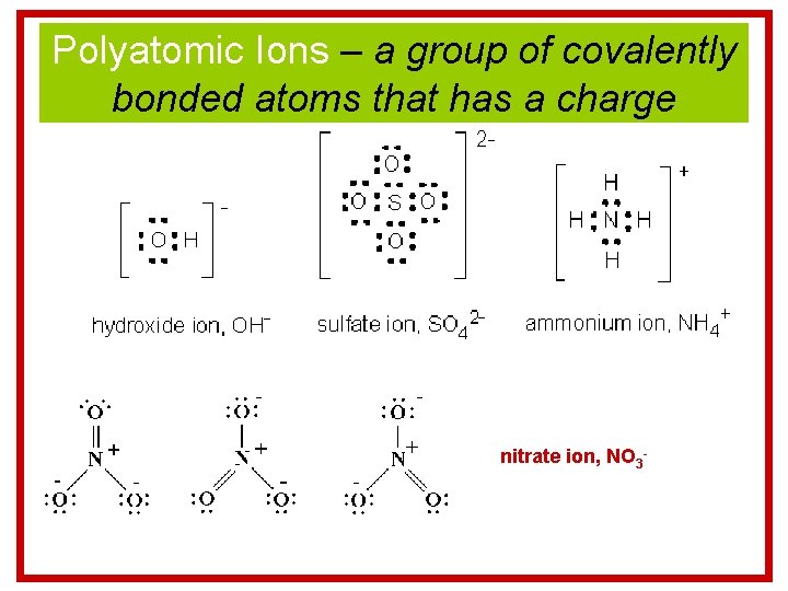 Polyatomic Ions – a group of covalently bonded atoms that has a charge nitrate