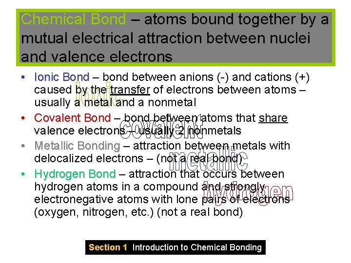 Chemical Bond – atoms bound together by a mutual electrical attraction between nuclei and