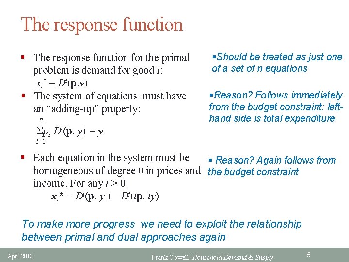 The response function § The response function for the primal problem is demand for