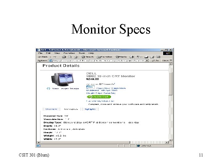 Monitor Specs CSIT 301 (Blum) 11 