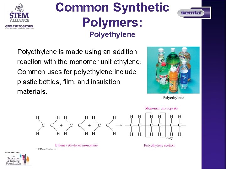 Common Synthetic Polymers: Polyethylene is made using an addition reaction with the monomer unit