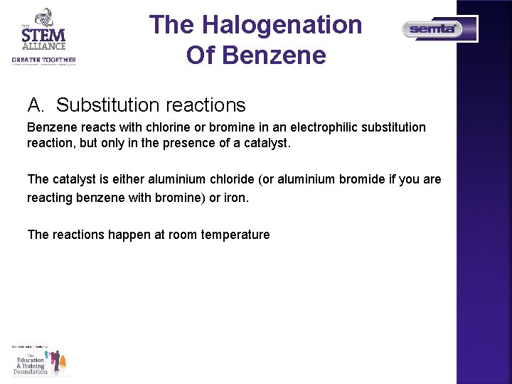 The Halogenation Of Benzene A. Substitution reactions Benzene reacts with chlorine or bromine in