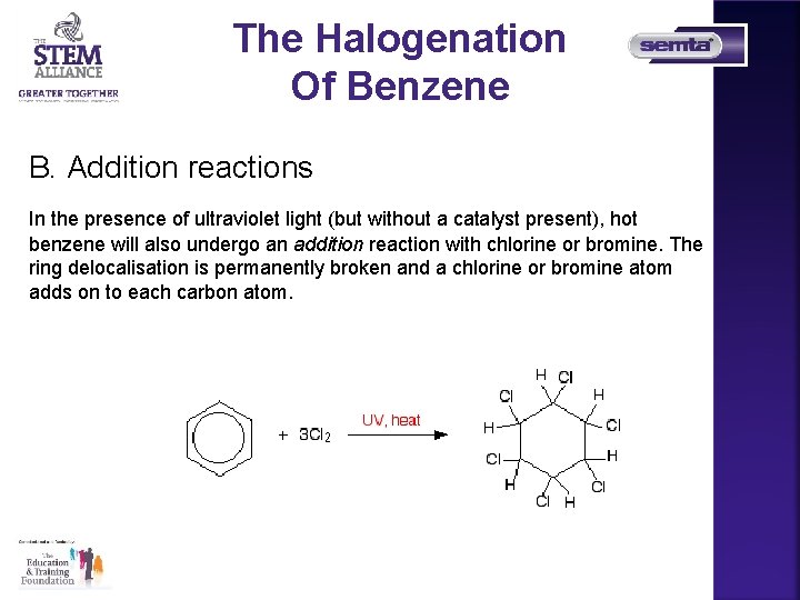 The Halogenation Of Benzene B. Addition reactions In the presence of ultraviolet light (but