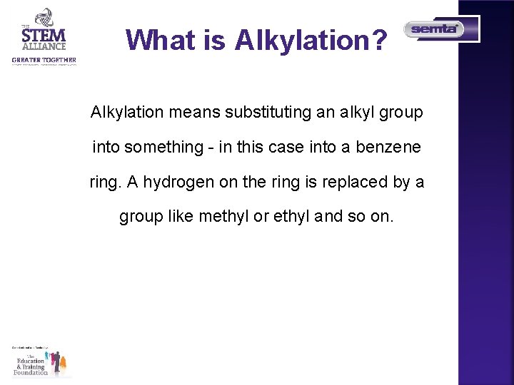 What is Alkylation? Alkylation means substituting an alkyl group into something - in this