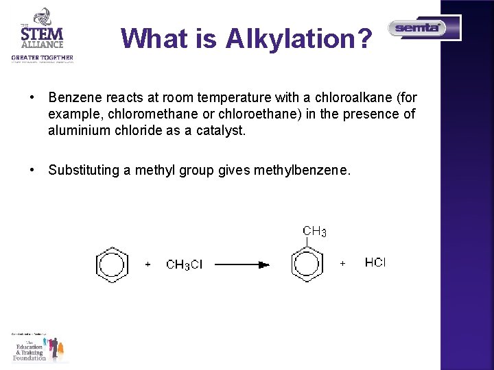 What is Alkylation? • Benzene reacts at room temperature with a chloroalkane (for example,