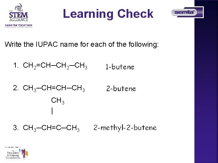 Learning Check Write the IUPAC name for each of the following: 1. CH 2=CH─CH