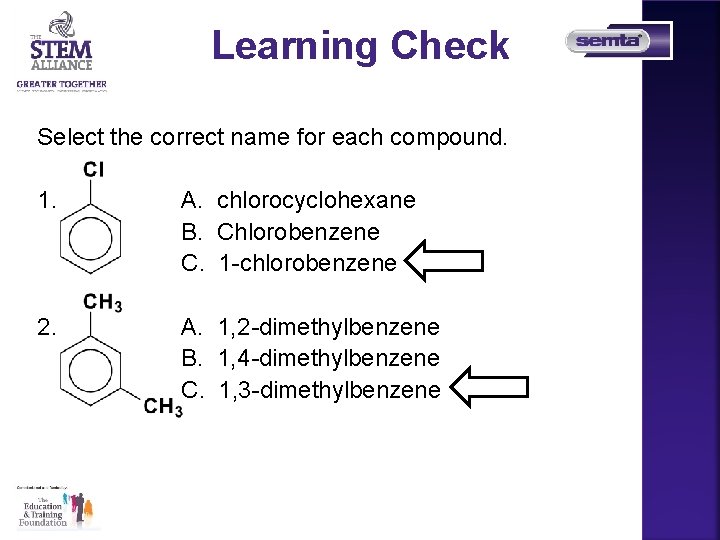 Learning Check Select the correct name for each compound. 1. A. chlorocyclohexane B. Chlorobenzene