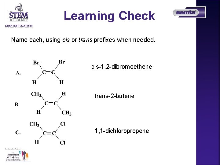 Learning Check Name each, using cis or trans prefixes when needed. cis-1, 2 -dibromoethene
