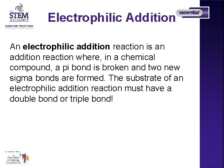 Electrophilic Addition An electrophilic addition reaction is an addition reaction where, in a chemical